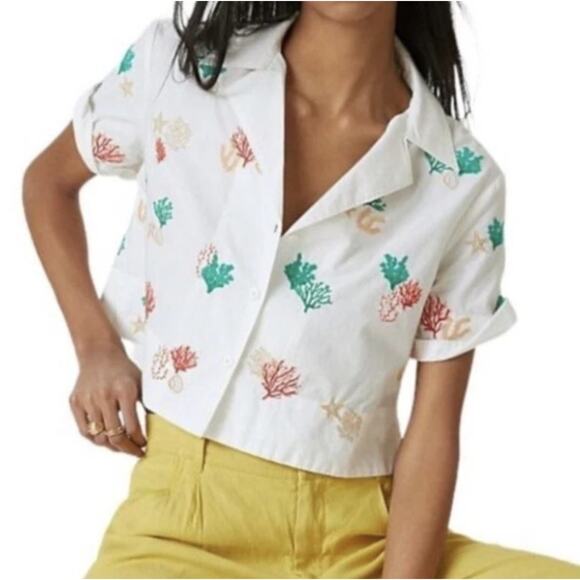 Maeve by Anthropologie Short Sleeve Embroidered Cropped Surf Shirt Size M - Picture 1 of 13